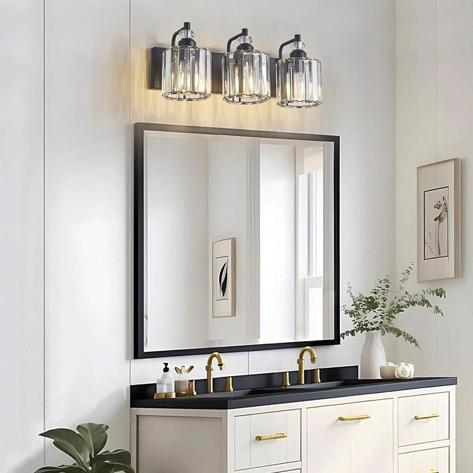 3-Light Black Bathroom Light Fixtures Over Mirror Modern Vanity Lights Crystal - Image 6