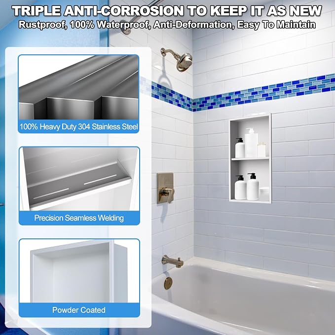 304 Stainless Steel Shower Niche Insert-24 x 12" No Tile Needed Bathroom Niche - Image 3