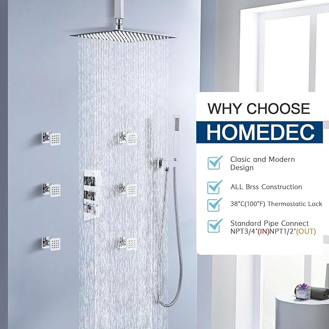 HOMEDEC Brass 3 Way Shower Diverter Valve, Thermostatic 3 Handle Control Shower - Image 2