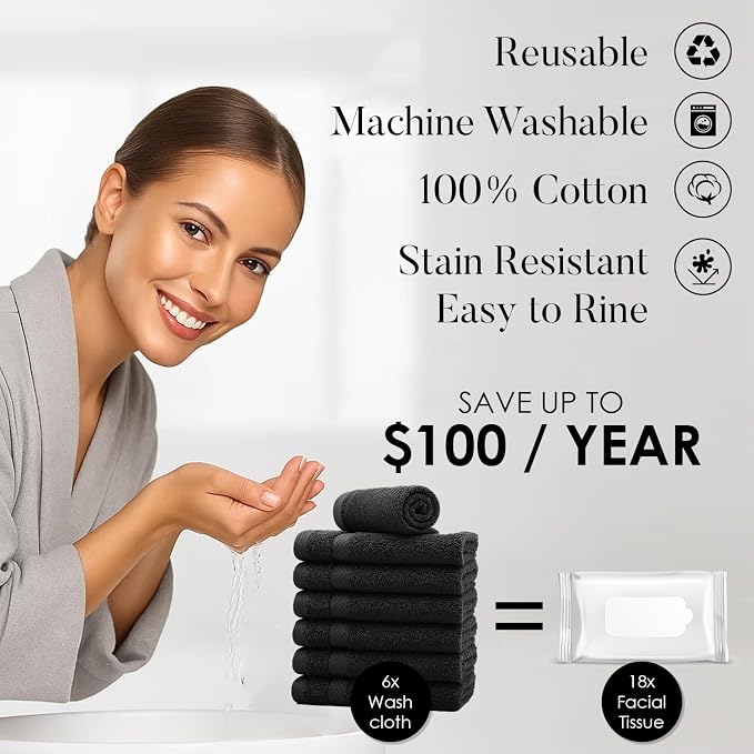 DAN RIVER 12-Pack Premium 100% Cotton Black Face Towels – Reusable Face Towel - Image 3