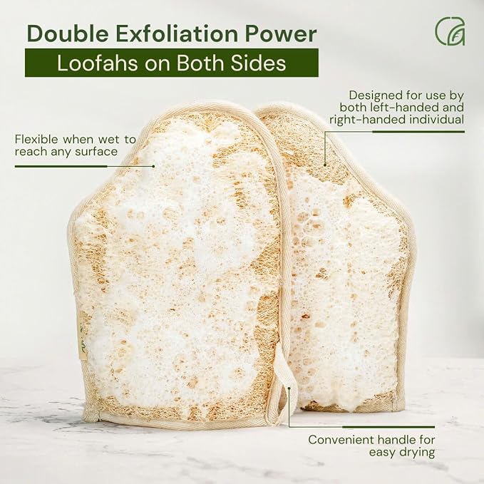 Chill Ah Green Glow Dual-Sided Loofah Bath Mitts – 100% Plant-Based, - Image 3