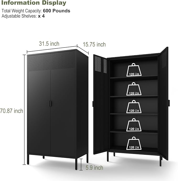 COFaR 5 Tier Black Metal Storage Cabinet, Free Standing - Image 2