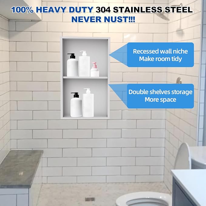 304 Stainless Steel Shower Niche Insert-24 x 12" No Tile Needed Bathroom Niche - Image 8