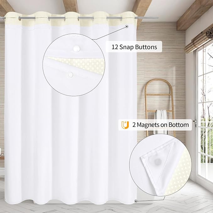 MitoVilla Ivory Long Shower Curtain Liner Set 72 x 80, No Hooks Needed 80 inch - Image 2