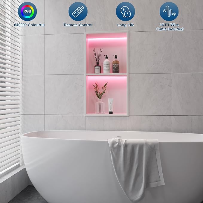 2-Tiers 12x24 Wall Niche with RGB LED Light Strips, Stainless Steel Bathroom - Image 7
