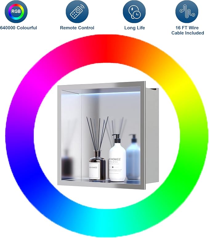 12X12 RGB Shower Niche, Brushed Nickel Stainless Steel LED Wall Niche, No Tile - Image 5
