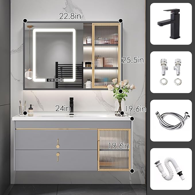 24" Bathroom Vanity with Sink, Floating Bathroom Cabinet Include Smart LED - Image 2