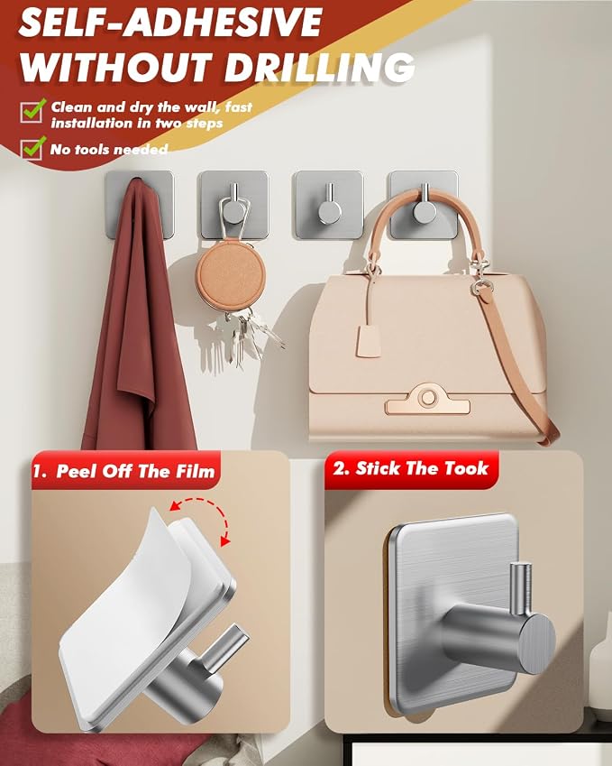Adhesive Hooks Heavy Duty 30lb Wall Hooks, 5 Pack Damage Free Stainless Steel - Image 3