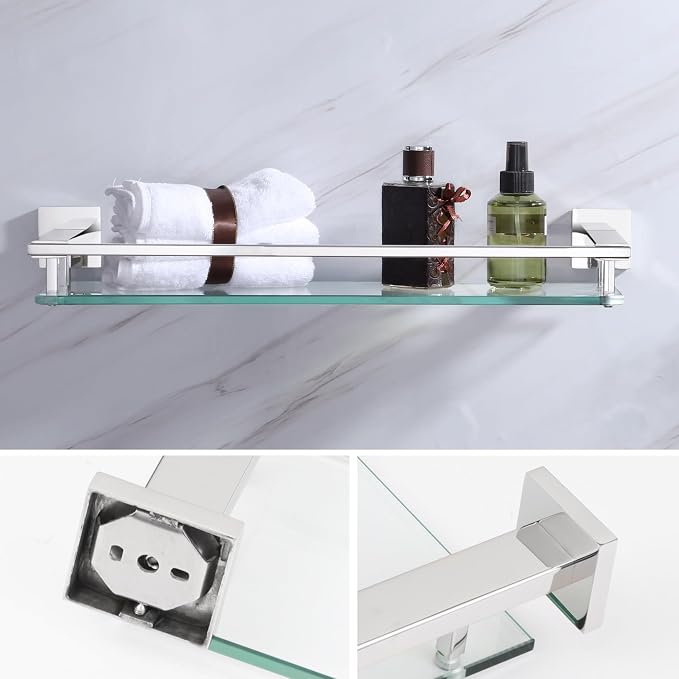 LANC Chrome Bathroom Shelf Glass Shelves 20-Inch Floating Tempered Glass Shelf - Image 4