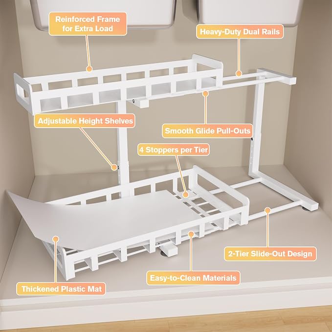 Under Sink Organizer, Metal Large Capacity 2-Tier Sliding Cabinet Storage Rack - Image 3