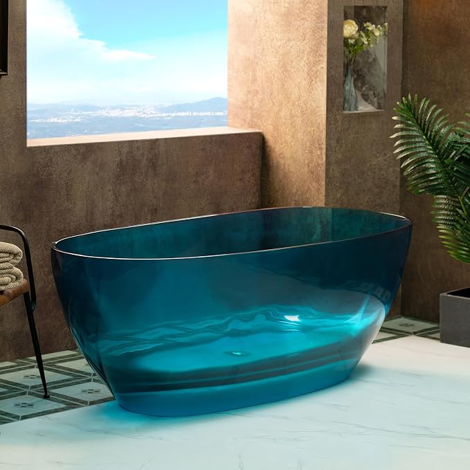 WOODBRIDGE 63" L x 28-3/8" W Transparent Blue Stone Resin Freestanding Soaking - Image 2