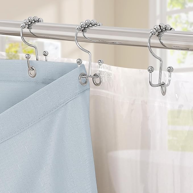 MitoVilla 3 in 1 Shower Curtain Set, FogBlue Boho Farmhouse Linen Textured Bath - Image 4