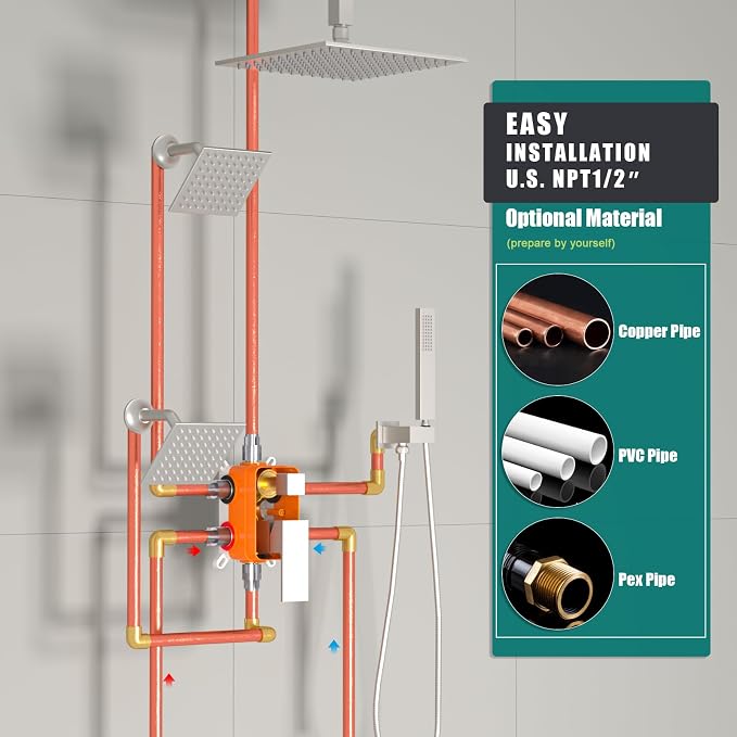 Enga 10 Inch + Dual 6-Inch Rain Shower System, Four Modes Diverter Shower Faucet - Image 6