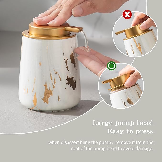 Enra Ceramic Gold Soap Dispenser, 12 oz Marble Lotion Dispenser Bathroom Liquid - Image 4