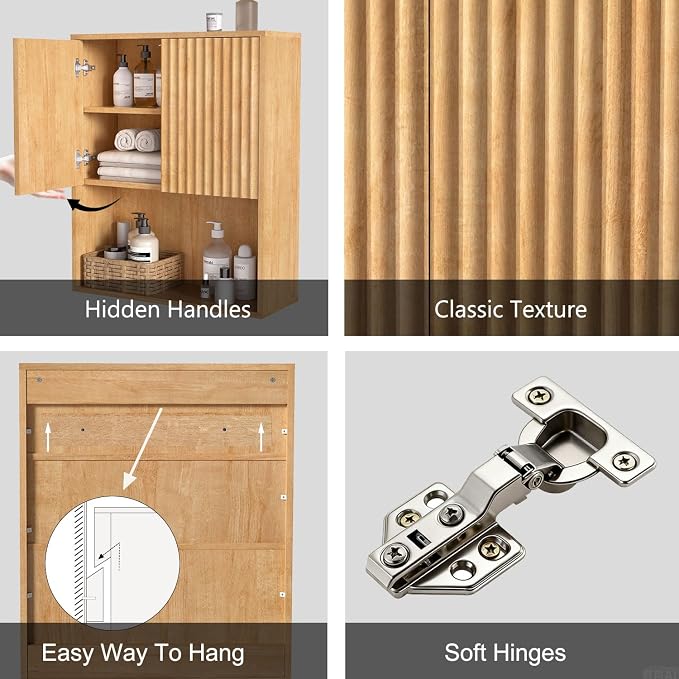 Fluted Bathroom Wall Cabinet Over The Toilet Storage, Wall Mounted Cabinet - Image 4
