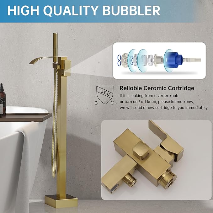 RUMOSE Tub Filler Freestanding Bathtub Faucet Brushed Gold Floor Mount Tub - Image 4
