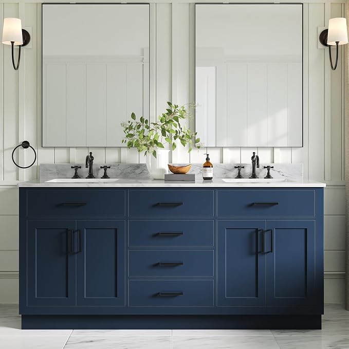 ARIEL Double Bathroom Vanity 73" Midnight Blue, Italian Carrara Marble by Ariel