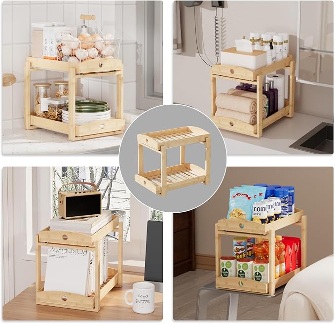 Bamboo Wood Under Sink Organizer 1 Pack, Pull Out Cabinet Organizer 2 Tier - Image 4