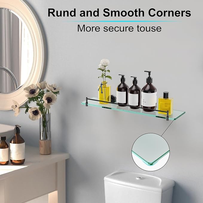 20 Inches Glass Shelves for Bathroom, Matte Black Floating Glass Shelf - Image 5