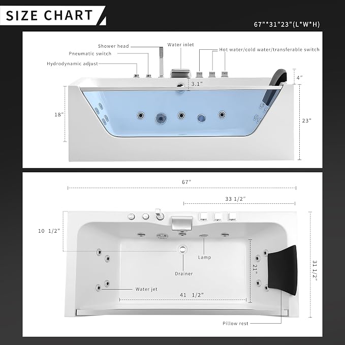 Empava 67 in. Acrylic Alcove Whirlpool Bathtub - Image 3