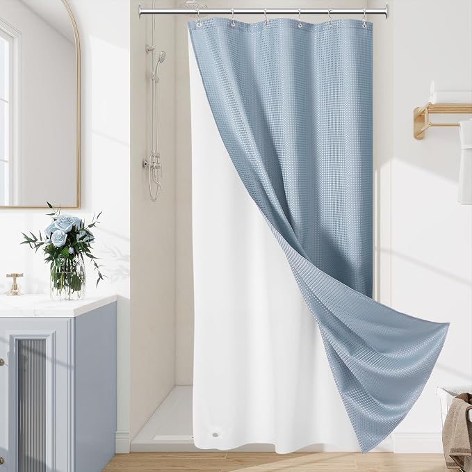 3 in 1 Stall Half Size Blue Shower Curtain Set-36 W x 72 H, Fog Blue Waffle by Unknown