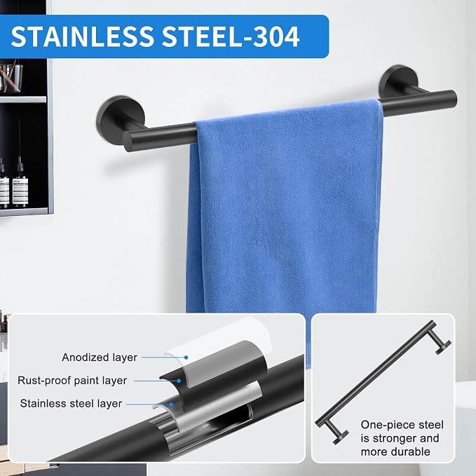 Matte Black Bathroom Accessories, Towel Bar Set 5 Pieces, SUS304 Stainless - Image 3