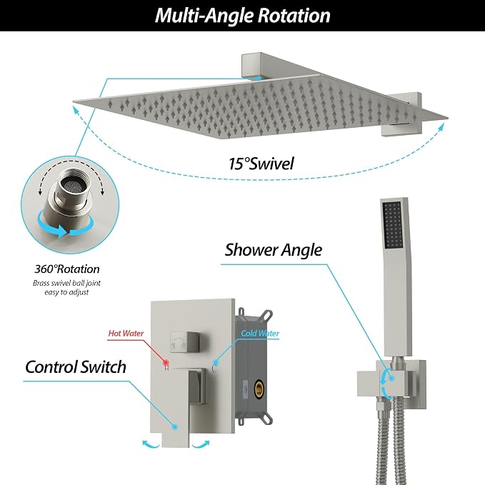 Lordear Rain Shower System 12 Inch Wall Mounted Shower Faucet Set, Brushed - Image 3