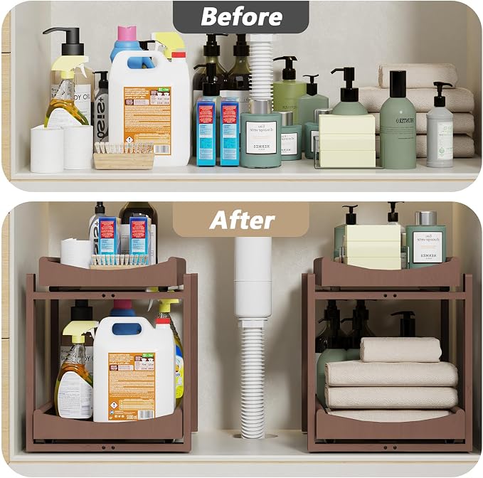 Bamboo Under Sink Organizer Adjustable Height 2 Tier Bathroom Organizer Pull - Image 6