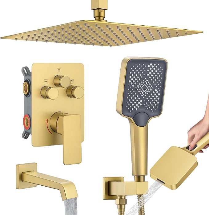 Bathtub Shower Faucet Set with Pressure Balance Valve, Brushed Gold - Image 8