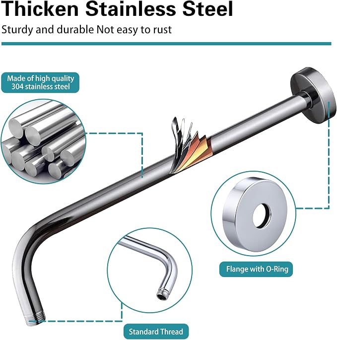 12 Inch Shower Arm with Flange, Stainless Steel 90 Degree Rain Shower Head - Image 6