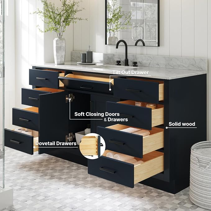 ARIEL 67" Midnight Blue Single Bathroom Vanity, Italian Carrara Marble - Image 3