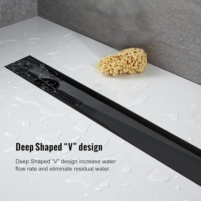 Offset Linear Shower Drain, Brushed 304 Stainless Steel Side Outlet Black - Image 6