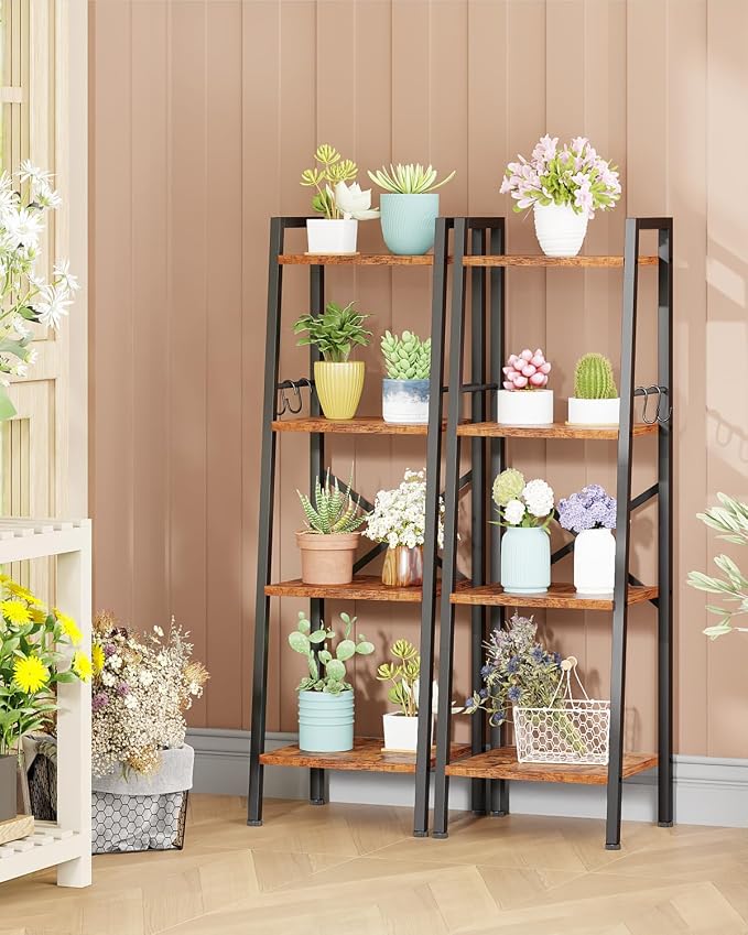Furologee 4 Tier Ladder Bookshelf Narrow, Metal Wooden Ladder Shelf Bookcase - Image 6