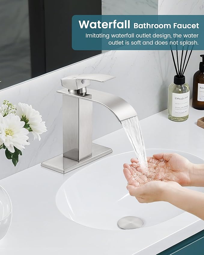Bathroom Faucets Brushed Nickel Waterfall Bathroom Sink Faucet Modern Single - Image 2
