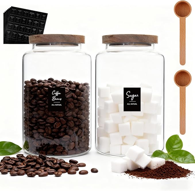 Glass Storage Jar with Lids Spoon Labels Round Glass Coffee Canister by OULOVECO