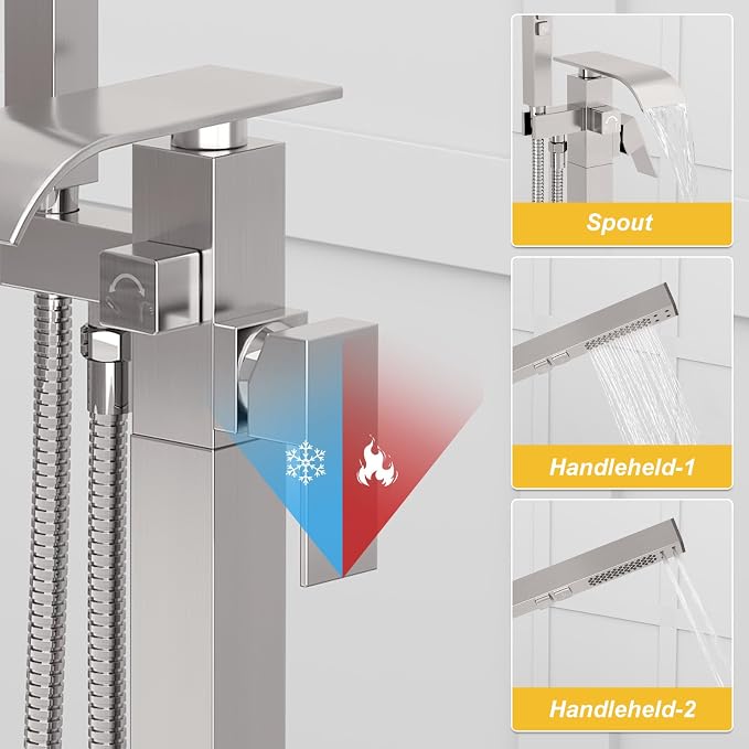 BESy Tub Filler Freestanding Bathtub Faucet Brushed Nickel Floor Mount Tub - Image 5