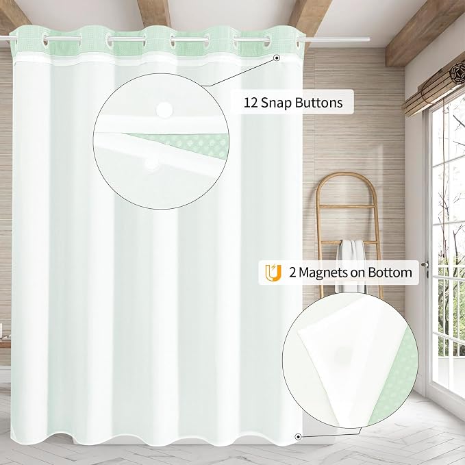 MitoVilla Green Long Shower Curtain Liner Set 72 x 80, No Hooks Needed 80 inch - Image 2