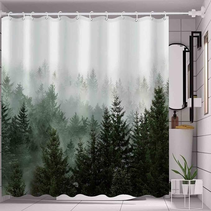 Aipon Green Misty Forest Shower Curtain Nature Tree Shower Curtain Set Dark - Image 4