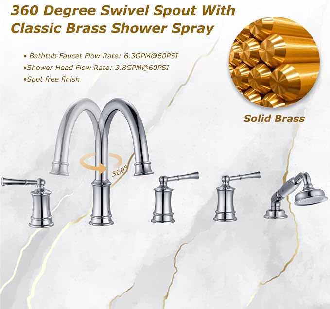 Roman Tub Faucet with Hand Shower, Antique Tub Shower Faucet Set with Valve - Image 5