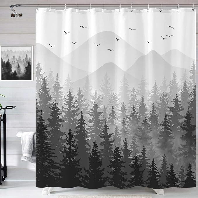 Aipon Black Misty Forest Shower Curtain Gray Ombre Nature Tree Plants Shower - Image 2