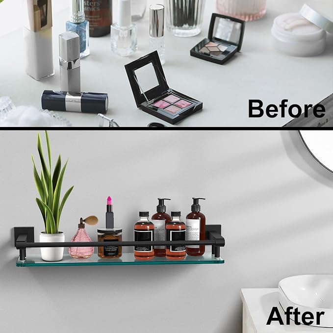Bathroom Glass Shelf 20IN Rectangular Stainless Steel Tempered Glass Shelves - Image 5
