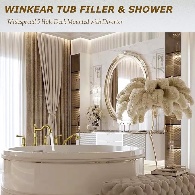 Roman Tub Faucet Set With Handheld Shower 5 Hole Deck Mount Tub Filler With - Image 2
