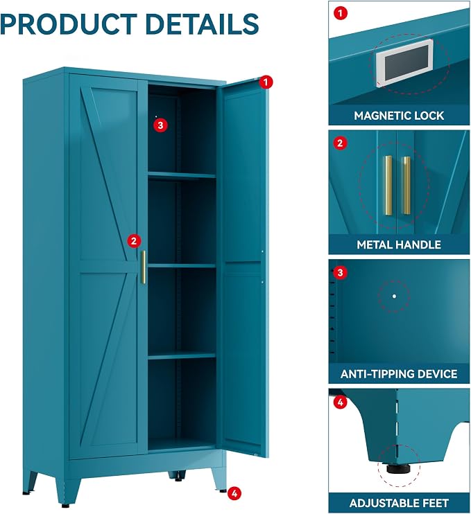 Metal Cabinets with Barn Doors and Adjustable Shelves, 4-Tier Storage Cupboard - Image 6