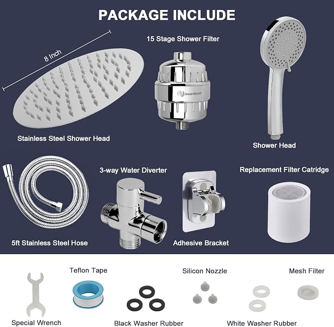 NearMoon Filtered Shower Head, High Pressure 8″Round Rain Shower and 5 settings - Image 8