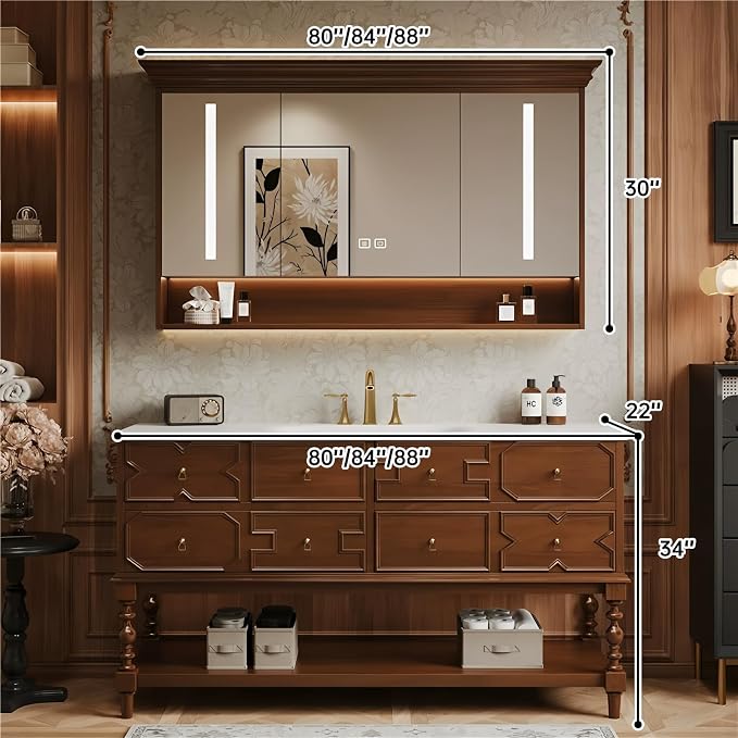 Solid Wood Bathroom Vanity 88Inch, Freestanding Bathroom Vanity Includes LED - Image 2