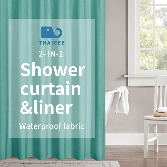2-in-1 Waterproof Fabric Shower Curtain or Liner, Linen Textured, Breathable by THAIGEE