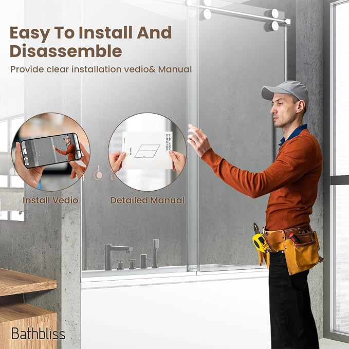 Bathbliss Glass Shower Door 56"-60" Wx60 H, Frameless Sliding Glass Door - Image 5