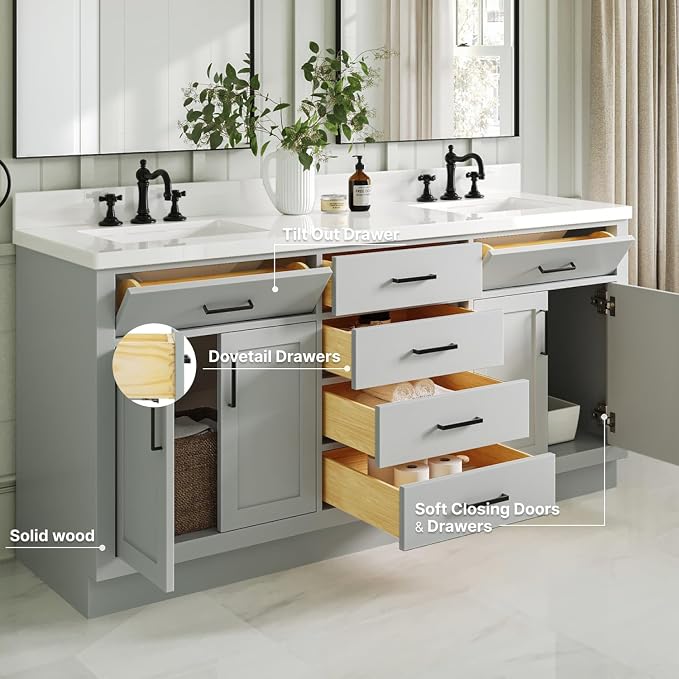 ARIEL Double Bathroom Vanity 73" Grey, 1.5" Edge Pure White Quartz Countertop & - Image 3