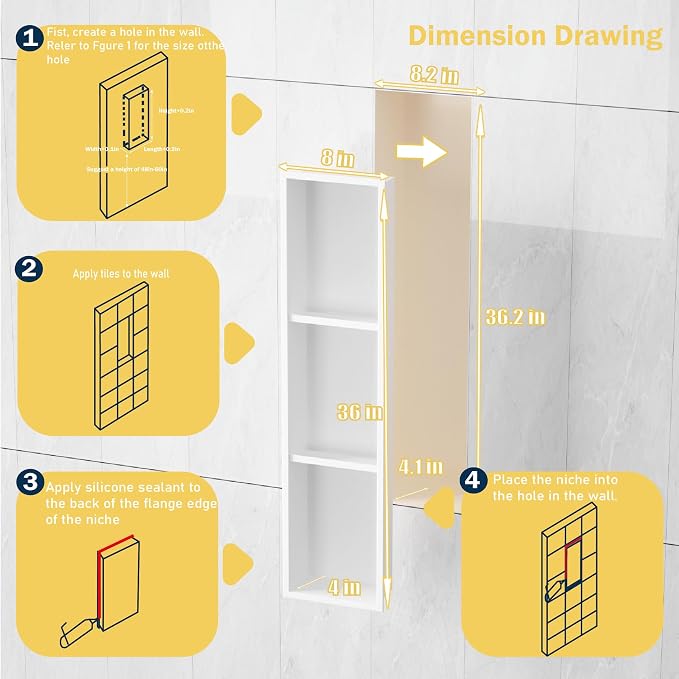 Narrow Shower Niche with Shelf，Stainless Steel recessed Wall Niche ，Three-Tier - Image 6