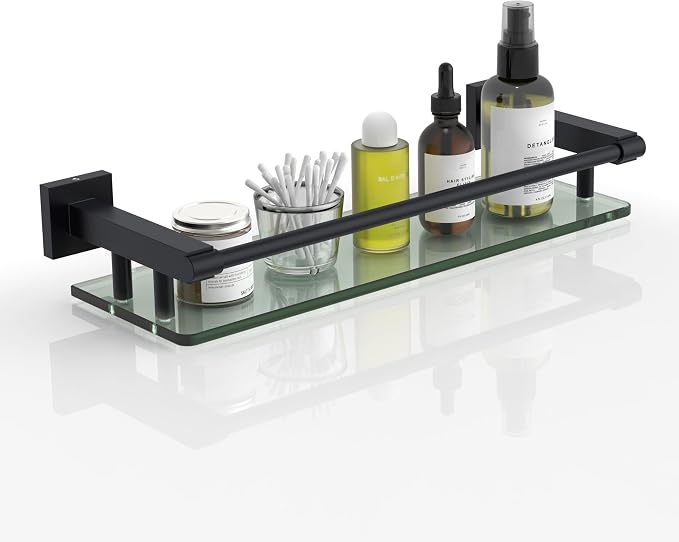 Glass Shelf 16IN for Bathroom Black Rectangular Stainless Steel Tempered Glass by SFGSOWOR